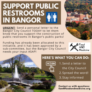 Flyer saying Support Public Restrooms in Bangor with reasons why and instructions on how to send a letter to Bangor City Council.